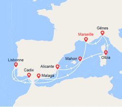 itin&eacute;raire croisi&egrave;re Méditerranée Occidentale : Espagne, Portugal, Sardaigne, Italie 