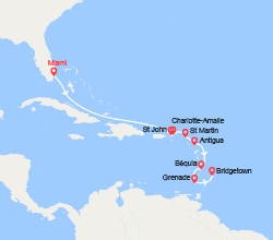itin&eacute;raire croisi&egrave;re Caraïbes et Antilles : États-Unis, Canada, St Thomas, St Martin, Antigua et Barbuda, Martinique, Grenade... 