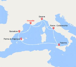 itin&eacute;raire croisi&egrave;re Méditerranée Occidentale : France, Espagne, Majorque, Sicile, Italie 