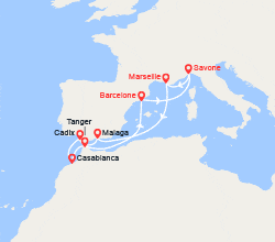 itin&eacute;raire croisi&egrave;re Méditerranée Orientale : France, Espagne, Maroc, Italie 