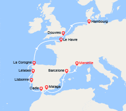 itinéraire croisière Méditerranée Occidentale : France, Espagne, Portugal, Grande-Bretagne, Allemagne 