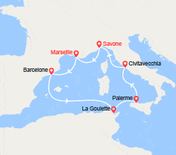 itin&eacute;raire croisi&egrave;re Méditerranée Occidentale : France, Espagne, Tunisie, Italie 