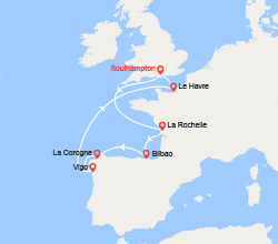 itinéraire croisière Méditerranée Occidentale : France, Espagne au départ de Southampton 