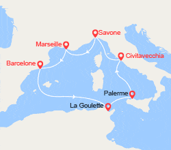 itin&eacute;raire croisi&egrave;re Méditerranée Occidentale : France, Espagne,Tunisie, Italie 