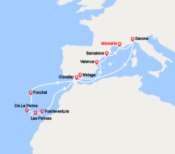 itinéraire croisière Méditerranée Occidentale : France, Italie, Espagne, Canaries, Madère, Gibraltar 