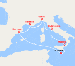 itin&eacute;raire croisi&egrave;re Méditerranée Occidentale : France, Italie, Malte, Espagne 