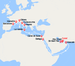 itinéraire croisière Moyen Orient : Grand Voyage : Émirats arabes unis, Oman, Égypte, Malte, Italie, Provence, Espagne 
