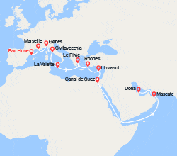 itinéraire croisière Moyen Orient : Grand Voyage : Espagne, Italie, Malte, îles Grecques, Chypre, Oman 