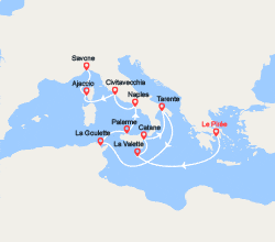 itin&eacute;raire croisi&egrave;re Méditerranée Orientale : Grèce, Malte, Italie, Tunisie, Corse 