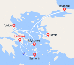 itin&eacute;raire croisi&egrave;re Méditerranée Orientale : Grèce, Turquie : Istanbul, Izmir, Volos, Mykonos, Santorin 