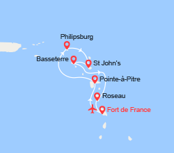 itinéraire croisière Caraïbes et Antilles : Guadeloupe, St Martin, Antigua, St Kitts, La Dominique 