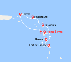 itinéraire croisière Caraïbes et Antilles : Guadeloupe, Tortola, Antigua, Roseau, Martinique 