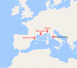itinéraire croisière Méditerranée Occidentale : Italie, France, Espagne 