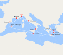 itin&eacute;raire croisi&egrave;re Méditerranée Orientale : Italie, France, Espagne, Baléares, Malte, Grèce 
