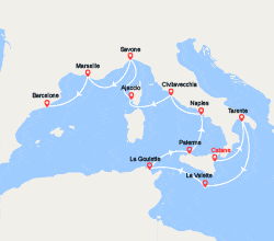 itinéraire croisière Méditerranée Occidentale : Italie, Malte, Corse, France, Espagne 