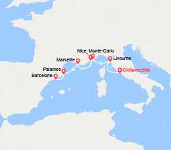 itin&eacute;raire croisi&egrave;re Méditerranée Occidentale : Italie, Monaco, France, Espagne 