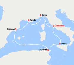 itin&eacute;raire croisi&egrave;re Méditerranée Occidentale : Italie, Provence, Espagne, Tunisie, Sicile 