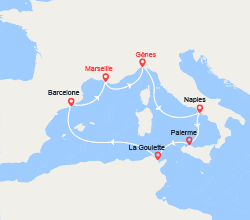 itinéraire croisière Méditerranée Occidentale : Italie, Sicile, Tunisie, Barcelone 