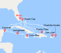 itinéraire croisière Caraïbes et Antilles : Jamaïque, Caïman, Cozumel, Bahamas, Porto Rico, St Thomas, Rép Dominicaine 