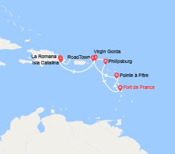 itinéraire croisière Caraïbes et Antilles : Martinique, Guadeloupe, Îles Vierges Britanniques, République Dominicaine