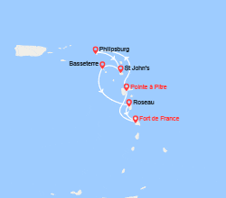 itin&eacute;raire croisi&egrave;re Caraïbes et Antilles : Martinique, Guadeloupe, St Martin, Antigua, St Kitts, Dominique 