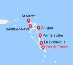 itin&eacute;raire croisi&egrave;re Caraïbes et Antilles : Martinique, Guadeloupe, St Martin, Antigua, St Kitts, Dominique 