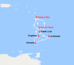 itin&eacute;raire croisi&egrave;re Caraïbes et Antilles : Martinique, Guadeloupe, Ste Lucie, Barbade, Grenadines, Grenade 