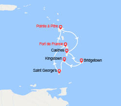 itinéraire croisière Caraïbes et Antilles : Martinique, Guadeloupe, Ste Lucie, Barbade, St Vincent, Grenade 