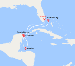 itinéraire croisière Caraïbes et Antilles : Mexique, île de Roatan, Costa Maya, Ocean Cay 