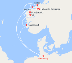 itin&eacute;raire croisi&egrave;re Fjords : Norvège : Alesund, Geiranger, Molde, Nordfjordeid, Vik, Haugesund 