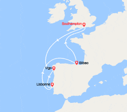 itinéraire croisière Méditerranée Occidentale : Portugal, Espagne au départ de Southampton 