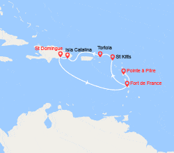itinéraire croisière Caraïbes et Antilles : Rép. Dominicaine, Martinique, Guadeloupe, St Kitts, Antigua, Tortola 