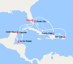itinéraire croisière Caraïbes et Antilles : Rép. Dominicaine, Porto Rico, Bahamas, Honduras, Mexique 