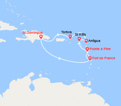 itin&eacute;raire croisi&egrave;re Caraïbes et Antilles : Saint Domingue, Martinique, Guadeloupe, St Kitts, Antigua, Tortola 
