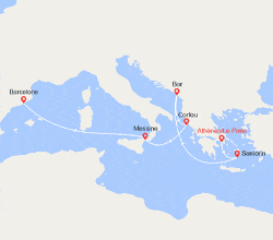 itin&eacute;raire croisi&egrave;re Méditerranée Orientale : Santorin, Corfou, Espagne, Italie 