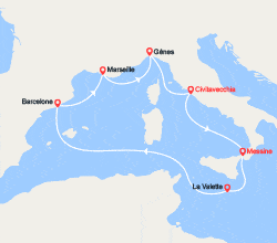itin&eacute;raire croisi&egrave;re Méditerranée Occidentale : Sicile, Malte, Espagne, Italie, Provence 
