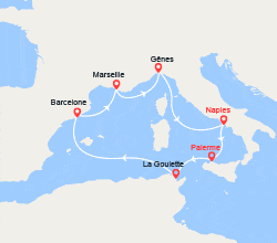 itin&eacute;raire croisi&egrave;re Méditerranée Occidentale : Sicile, Tunisie, Barcelone, Provence 