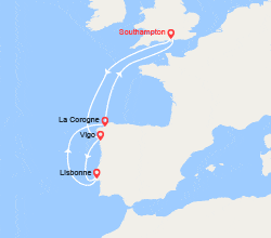 itinéraire croisière Méditerranée Occidentale : Southampton, Vigo, Lisbonne, La Corogne 