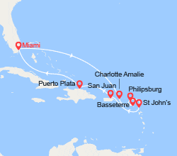 itinéraire croisière Caraïbes et Antilles : St Thomas, St Kitts, St Martin, Antigua, Porto Rico, Rép. Dominicaine