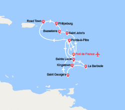itinéraire croisière Caraïbes et Antilles : Tortola, St Kitts, Martinique, Guadeloupe, Ste Lucie, Barbade... - Vols inclus 
