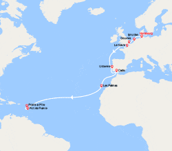 itinéraire croisière Transatlantique : Transatlantique : Allemagne, Grande-Bretagne, France, Portugal, Espagne, Canaries, Antilles 
