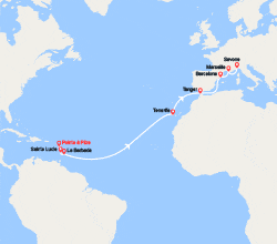 itin&eacute;raire croisi&egrave;re Transatlantique : Transatlantique : Antilles, Canaries, Maroc, Espagne, France, Italie 