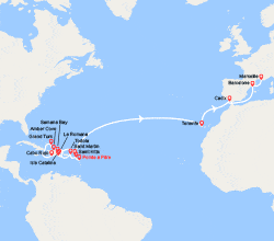 itinéraire croisière Transatlantique : Transatlantique : Antilles, îles Vierges, Rép. Dominicaine, îles Turks et Caïques, Canaries, Espagne, France 