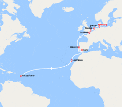 itinéraire croisière Transatlantique : Transatlantique :Allemagne, Grande-Bretagne, France, Portugal, Espagne, Canaries, Antilles 
