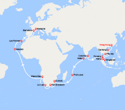 itinéraire croisière Transatlantique : Tronçon du Tour du Monde 2026 : de Hong Kong à Marseille 