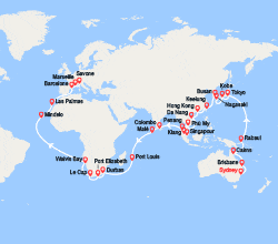 itinéraire croisière Tour du Monde : Tronçon du Tour du Monde 2026 : de Sydney à Savone 