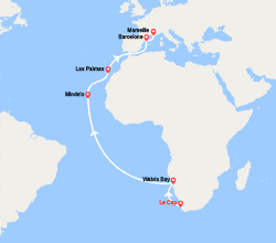 itin&eacute;raire croisi&egrave;re Transatlantique : Tronçon du Tour du Monde 2027 : du Cap à Marseille 
