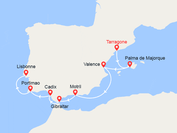 itin&eacute;raire croisi&egrave;re Méditerranée Occidentale :  Baléares, Espagne, Gibraltar, Portugal 