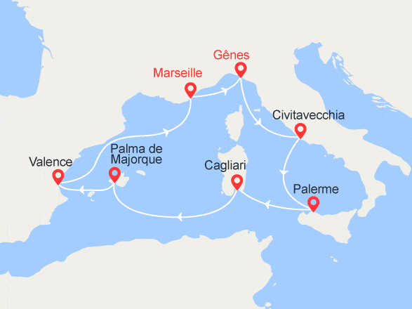 itinéraire croisière Méditerranée : Italie, Sicile, Majorque, Espagne