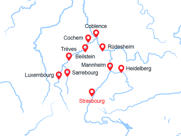 itin&eacute;raire croisi&egrave;re Rhin et ses affluents : 4 FLEUVES : les vallées du Neckar, du Rhin romantique, de la Moselle et de la Sarre (RSB) 